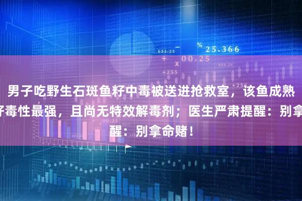 男子吃野生石斑鱼籽中毒被送进抢救室，该鱼成熟的鱼籽毒性最强，且尚无特效解毒剂；医生严肃提醒：别拿命赌！